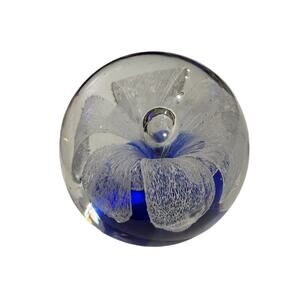 Art Glass White Flower Bubble with Blue Base Round Paperweight 8" x 3"